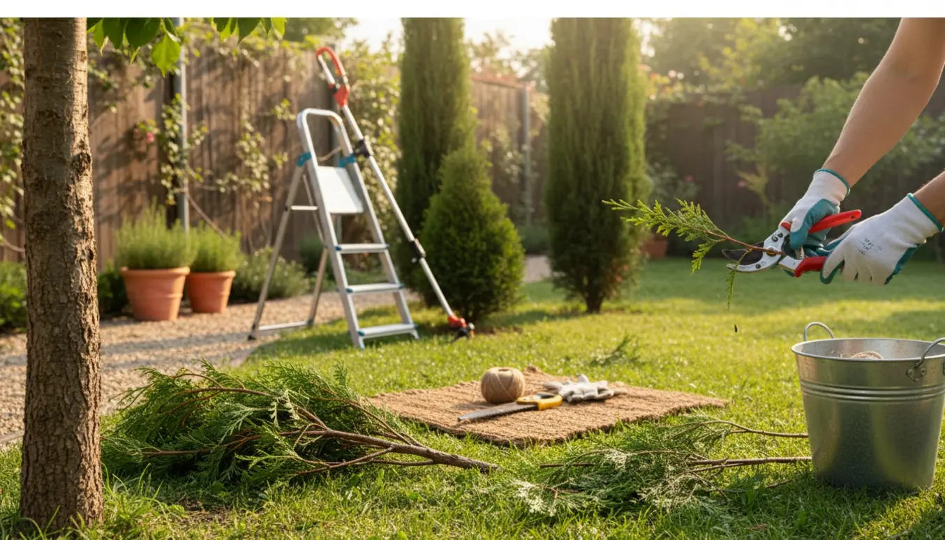 Hænder i arbejdshandsker beskærer to cypresser og et nåletræ i en velplejet have med beskæreværktøj ved siden af.