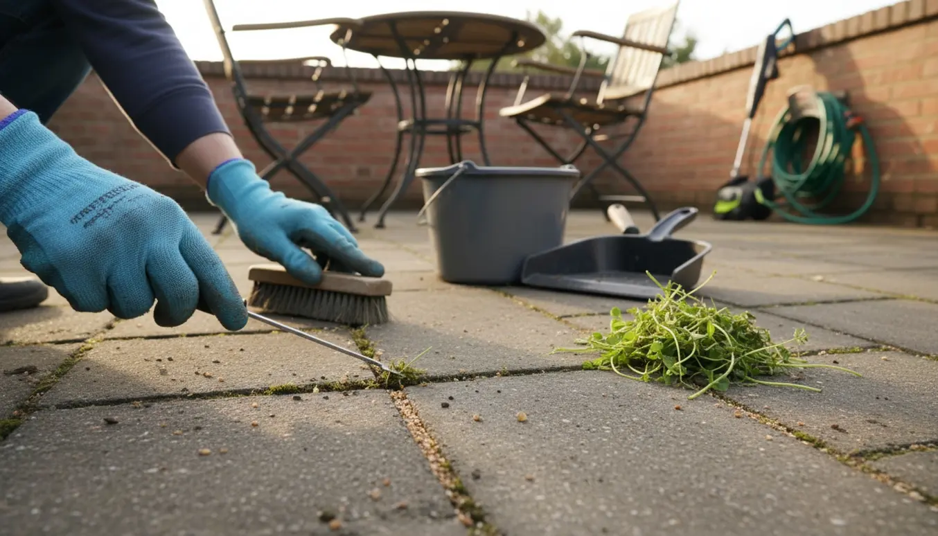 Nærbillede af hænder i haverhandsker, der fjerner ukrudt mellem terrassefliser med skraber og børste.
