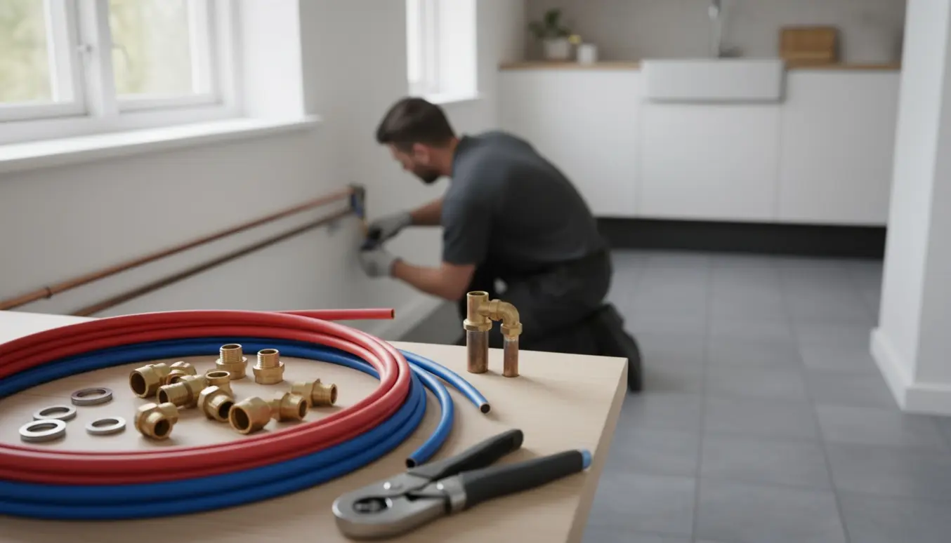 Tekniker forbereder udskiftning af kobberrør til PEX med PEX-rør og VVS-værktøj i fokus.