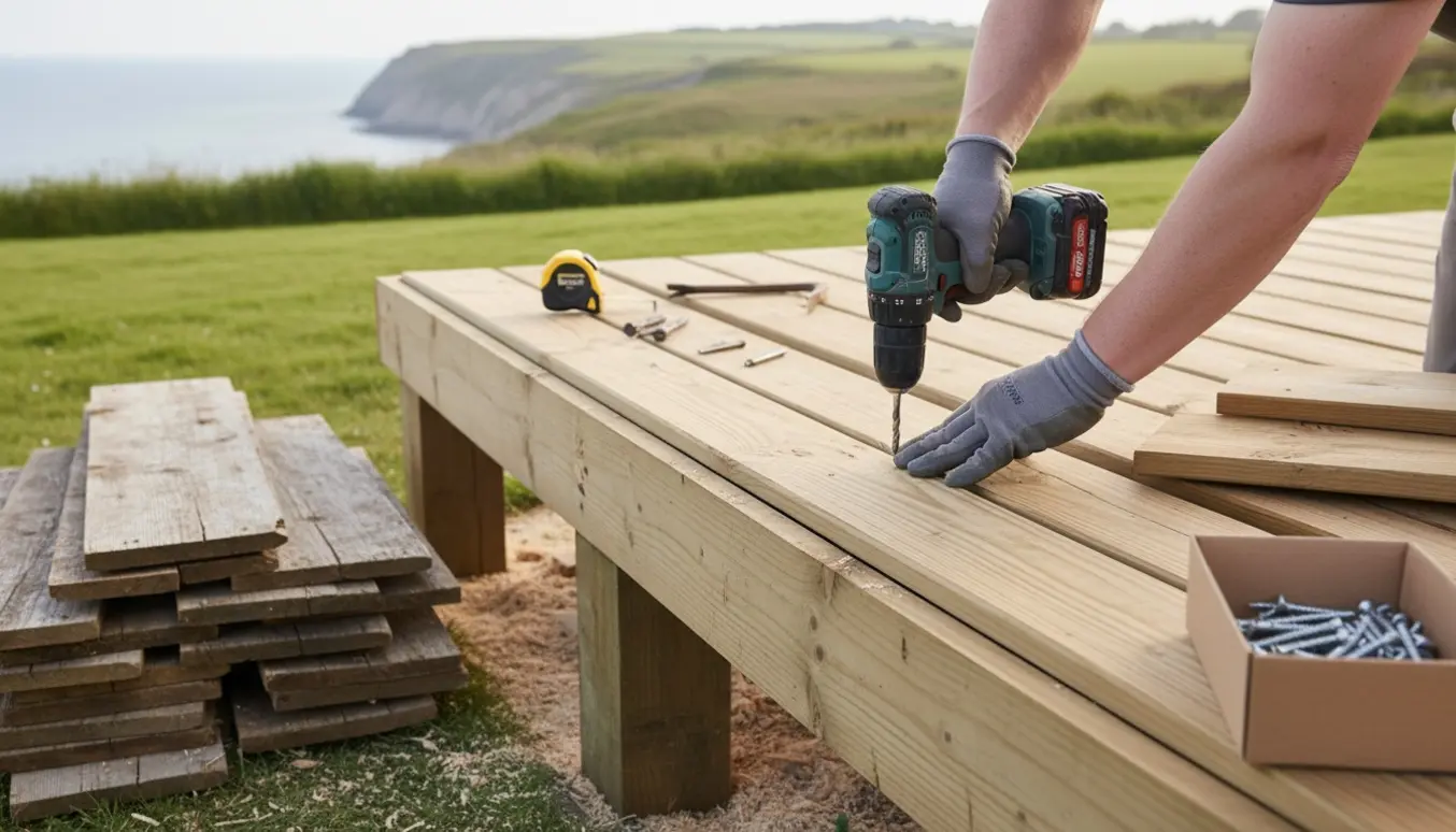 Nærbillede af nye imprægnerede terrassebrædder, der skrues fast på eksisterende stolper.