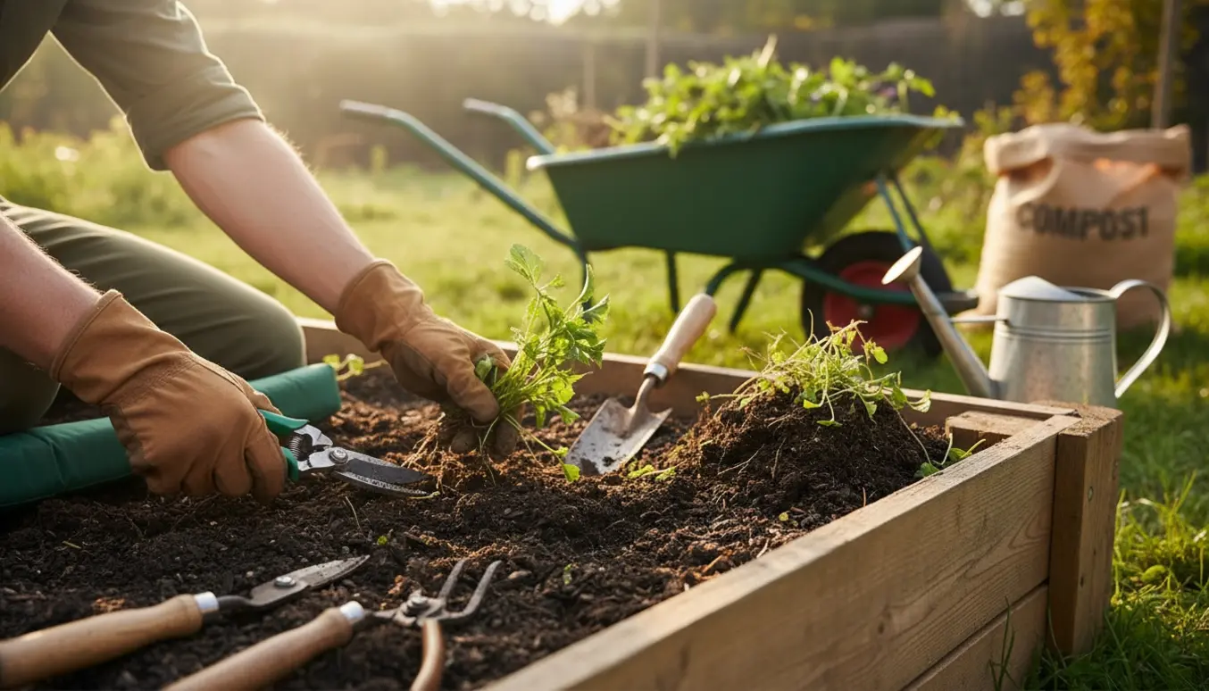 Hænder i handsker fjerner ukrudt i et hævet bed med handredskaber og mørk jord i blødt morgenslys.