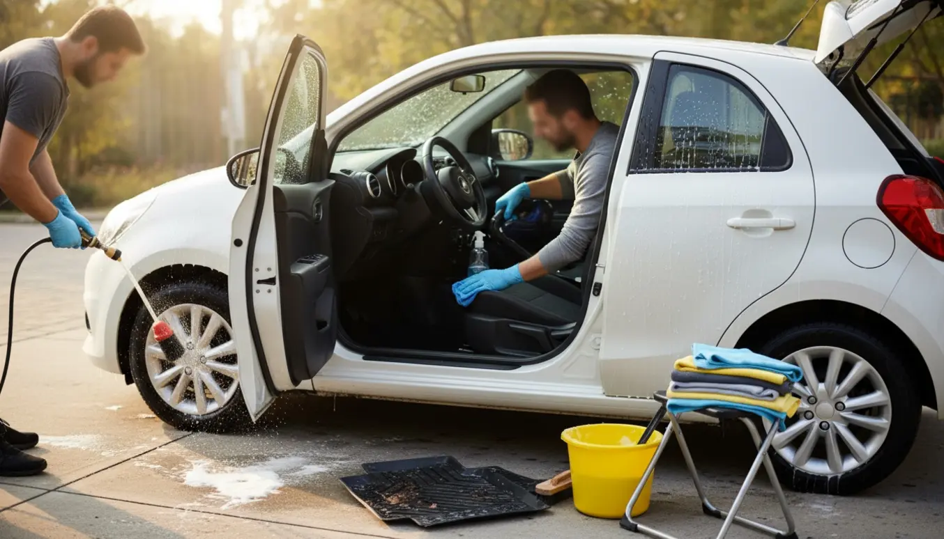 En kompakt hatchback blir grundigt rengjort med åben dør, skum på karosseriet og støvsugning af sæder og måtter.
