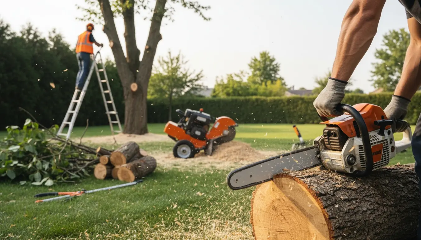 Træfældning og beskæring i en have med motorsav, stubfræser og stablede brændstykker.