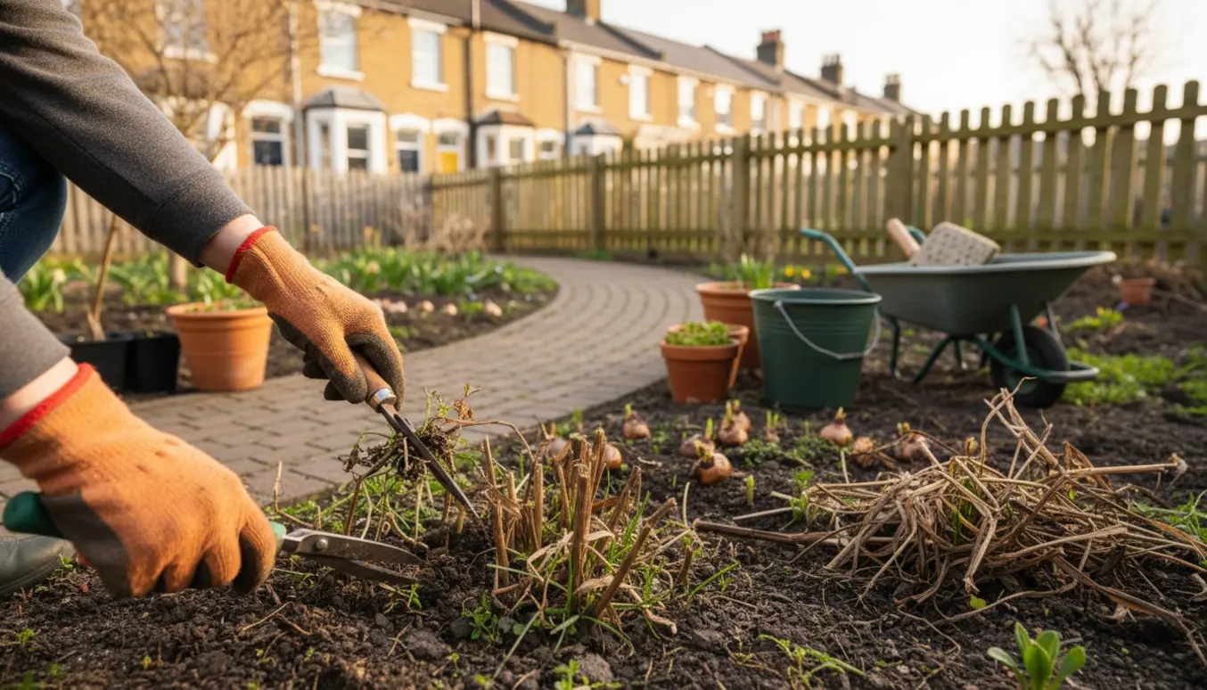 Nedklipning af stauder og fjernelse af ukrudt i en lille rækkehushave med handsker, beskæresaks og kompostspand.