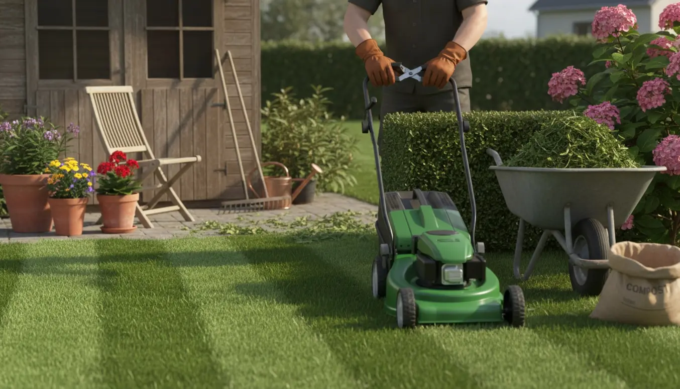 Nyslået plæne, nyklippet hæk og haveredskaber i en solbelyst forhave.
