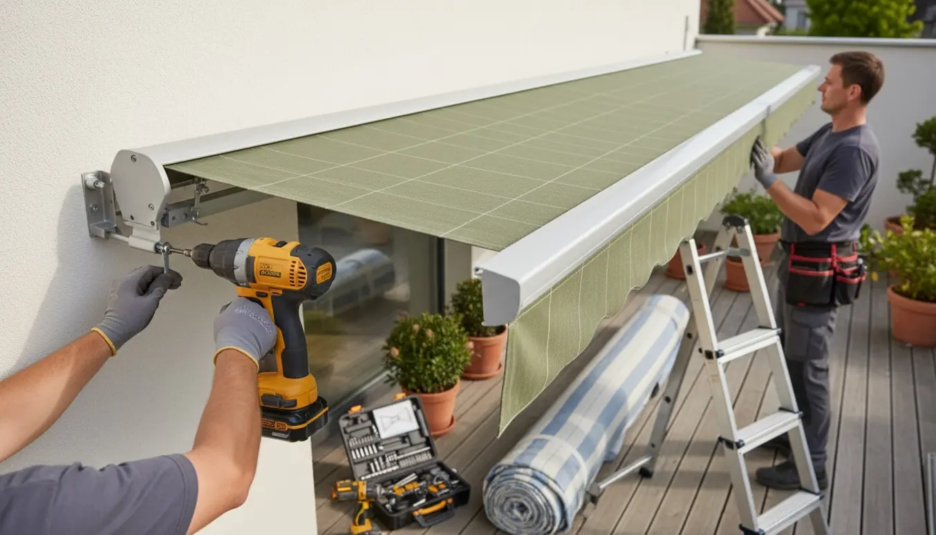 Udskiftning af en 6 meter markise på en terrasse med håndværkere, værktøj og nyt markisestof.