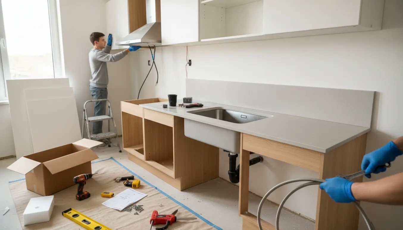 Hænder monterer vandtilslutning og emhætte i et delvist installeret køkken med værktøj på bordet.