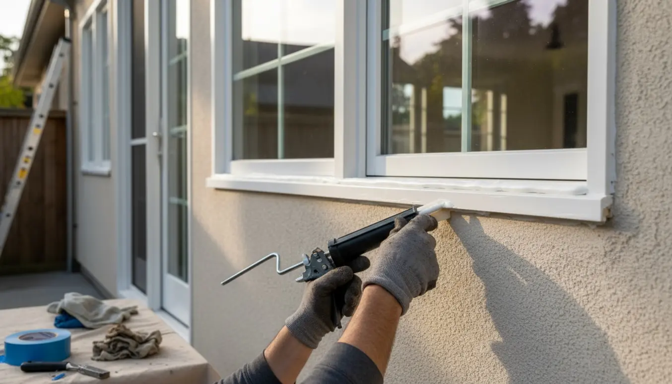 Nært foto af udvendig fugning ved vinduer og dør, hvor en hånd glatter fuge med fugepistol.