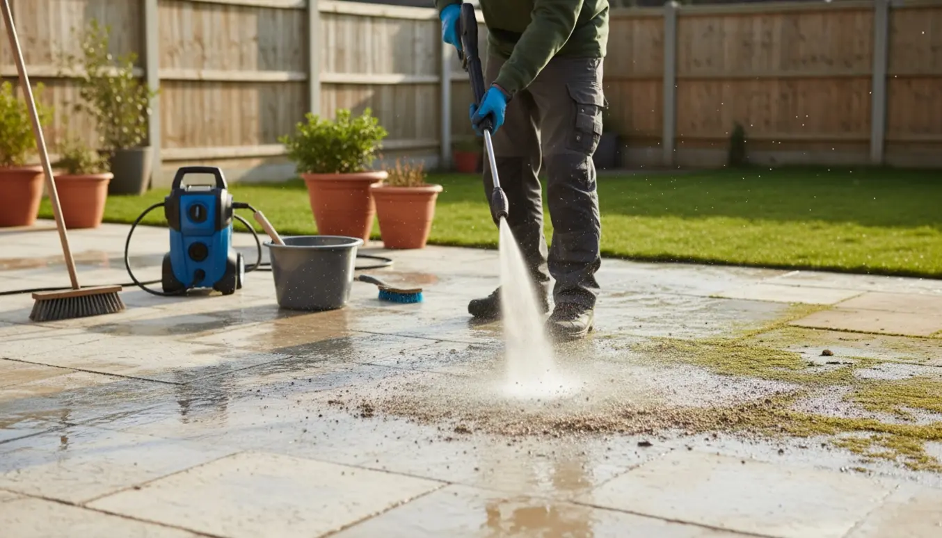 Havefliser renses med højtryksrenser, hvor en side er ren og skinnende og den anden stadig er dækket af mos.