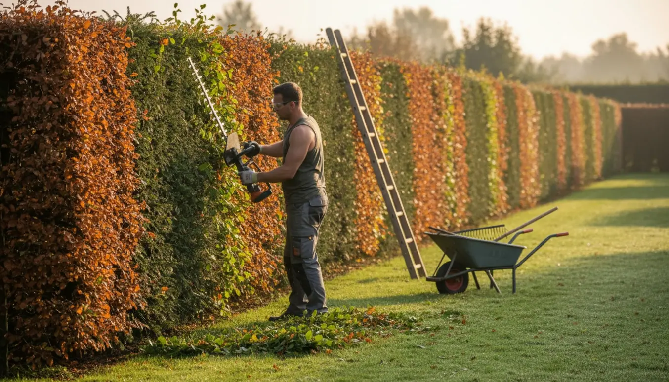 Lang bøgehæk og gran klippes i højde og bredde med hækkeklipper i blødt morgenlys; kun hænder og overkrop er synlige.