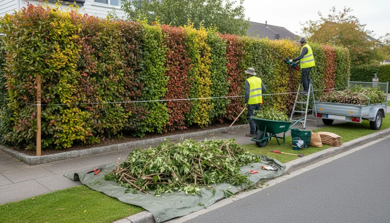 Blandet hæk på en hjørnegrund klippes til ens højde, med indsamlede grene i trillebør og trailer.