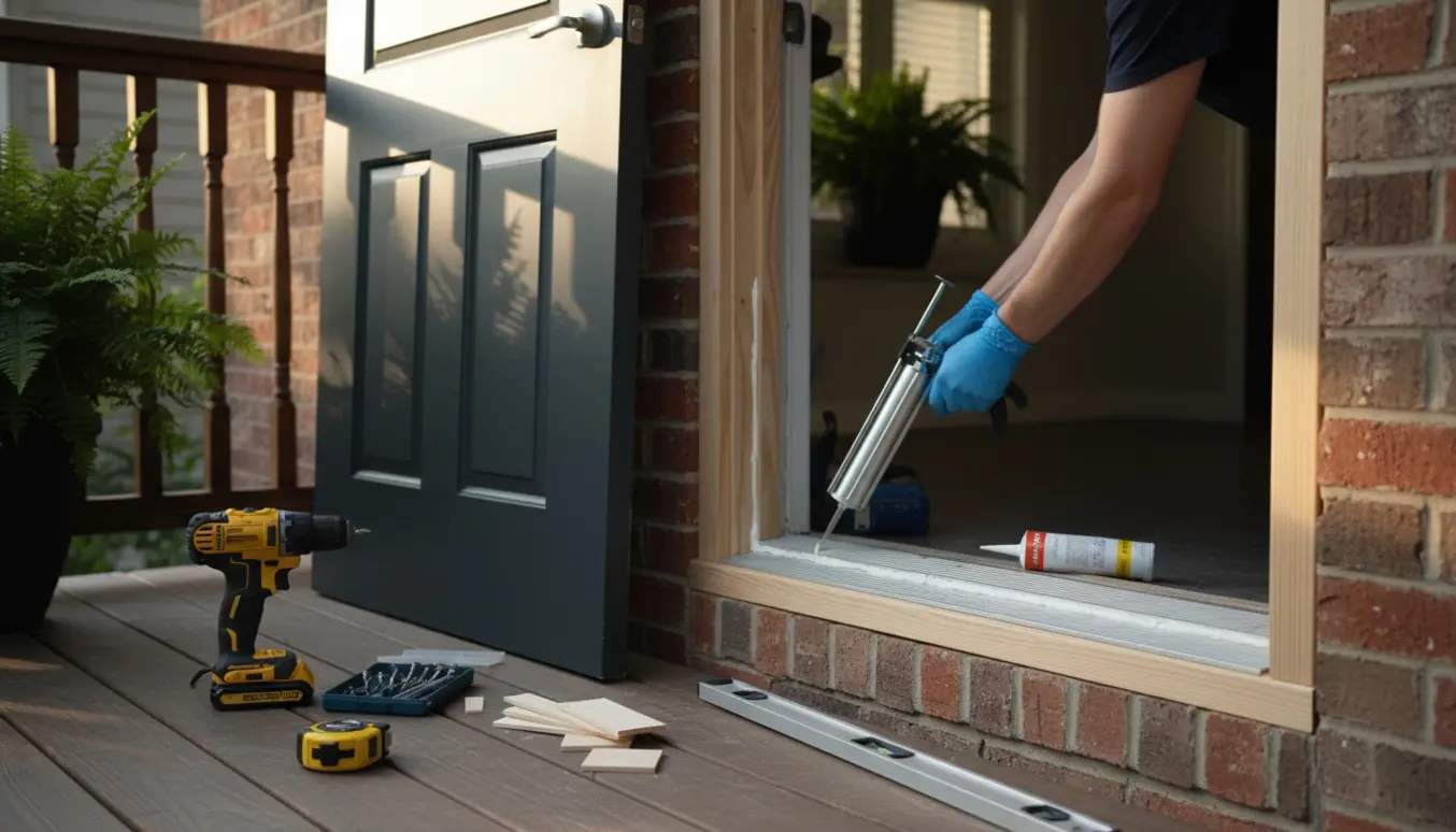 Ny hoveddør læner sig mod dørkarmen, mens hænder i handsker fuge samlingen mellem karm og mur med en fugepistol.