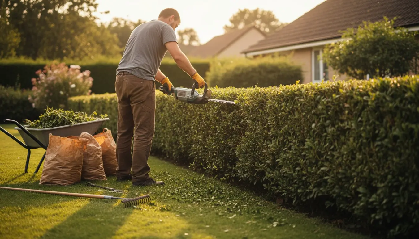 Lang ligusterhæk i haven med en person, der klipper, og afklip samlet i en trillebør klar til bortkørsel.