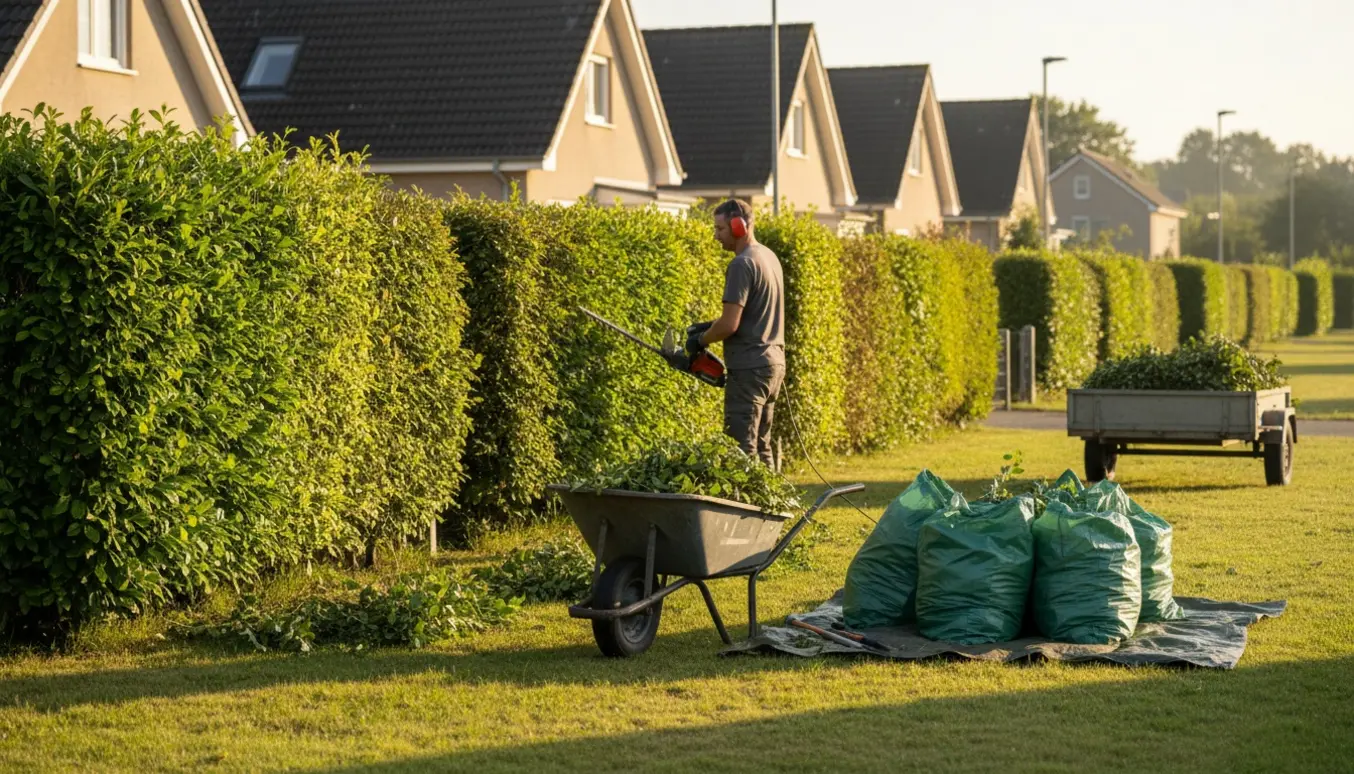 En person trimmer liguster- og bøgehæk foran rækkehuse med afklip samlet i trillebør og grønne sække.