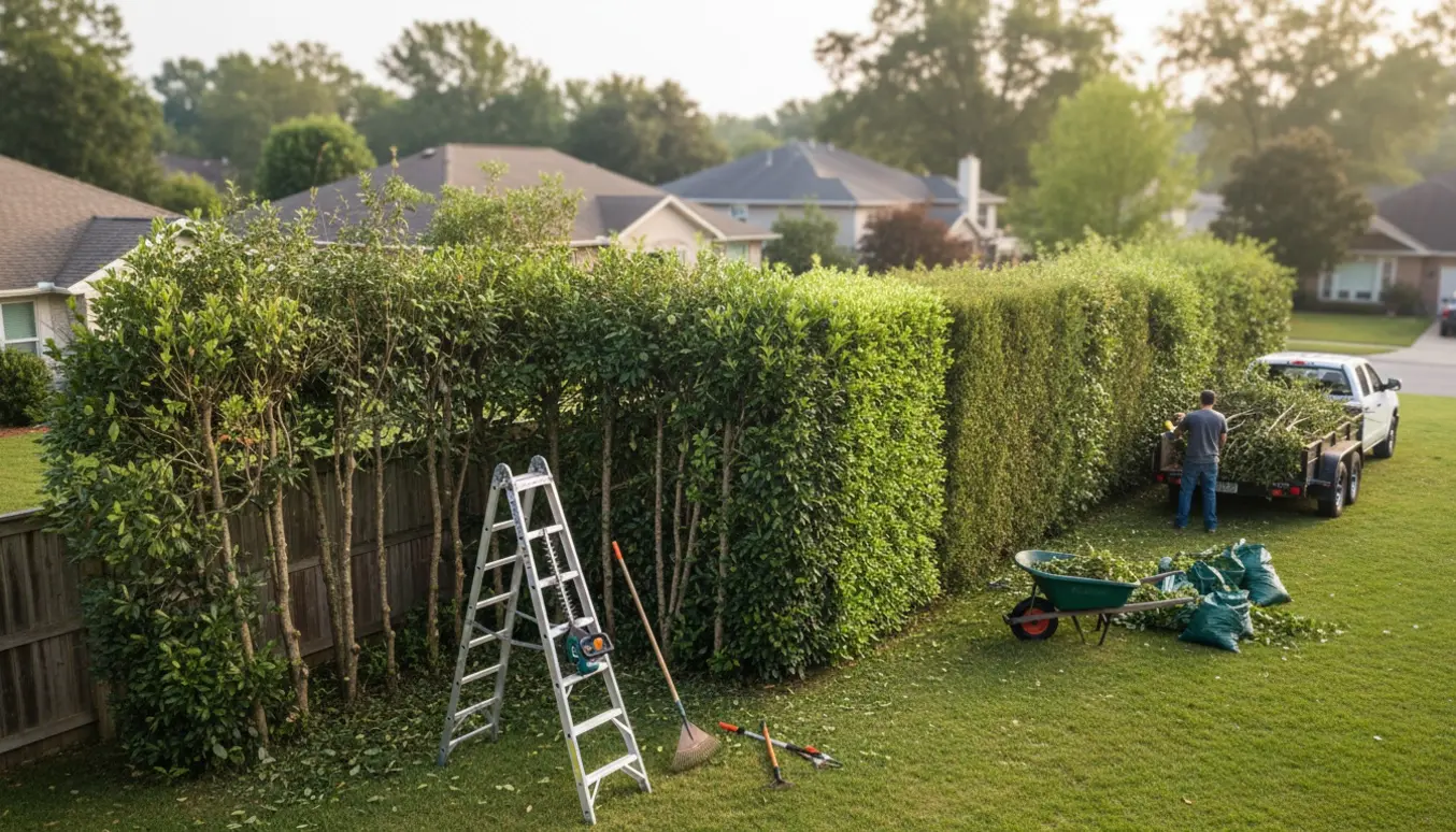 Stor hjørnehæk i have under professionel beskæring med bunker af hækaffald og trailer klar til bortkørsel.