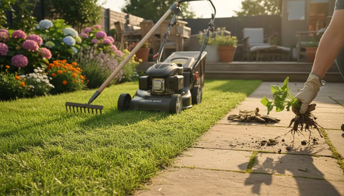 Havearbejde med græsslåning, optræk af ukrudt mellem fliser og kantrimning i sollys.