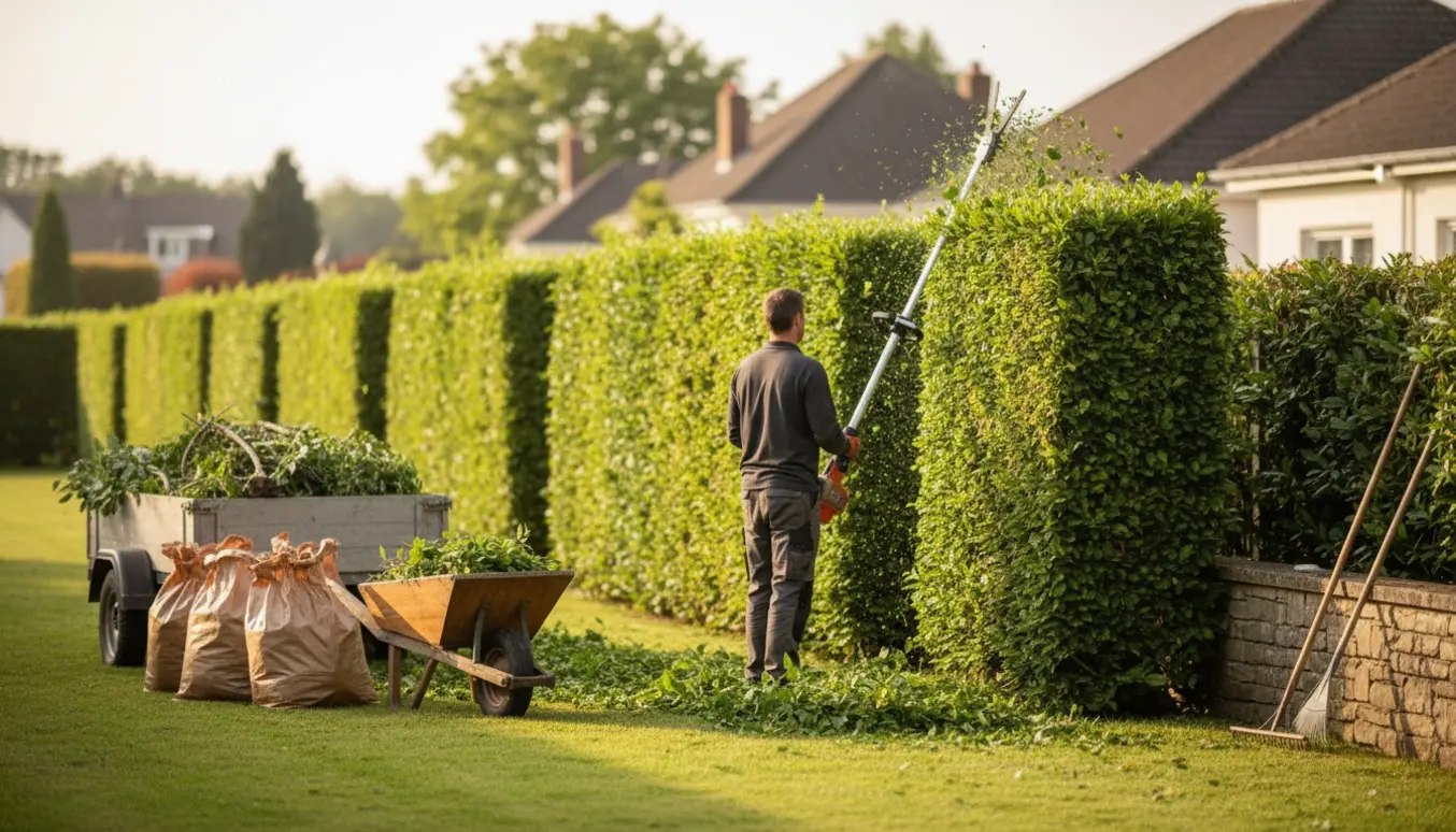Havemand klipper en ca. 1,5 m høj hæk med trillebør og fyldte haveaffaldsposer ved siden af.