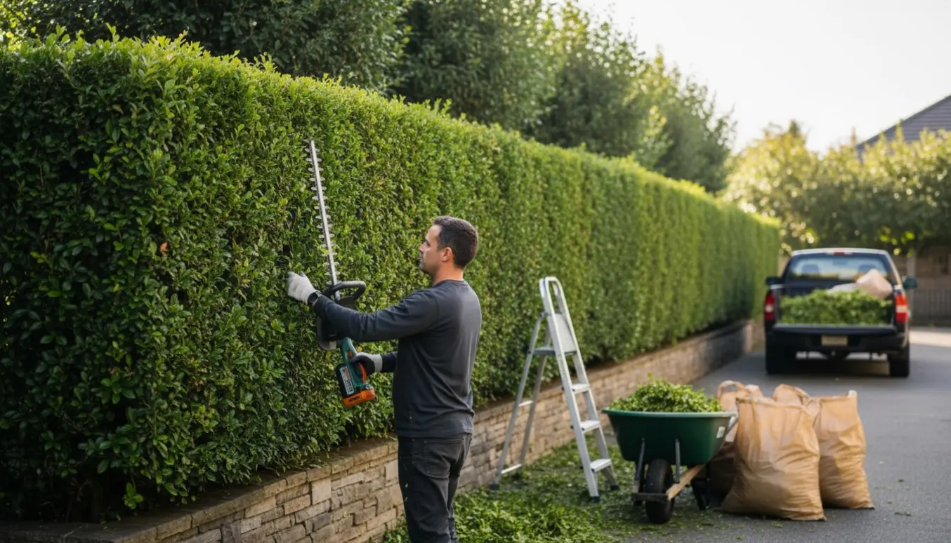 En person klipper en høj hæk, mens afklip samles i trillebør og affaldssække.