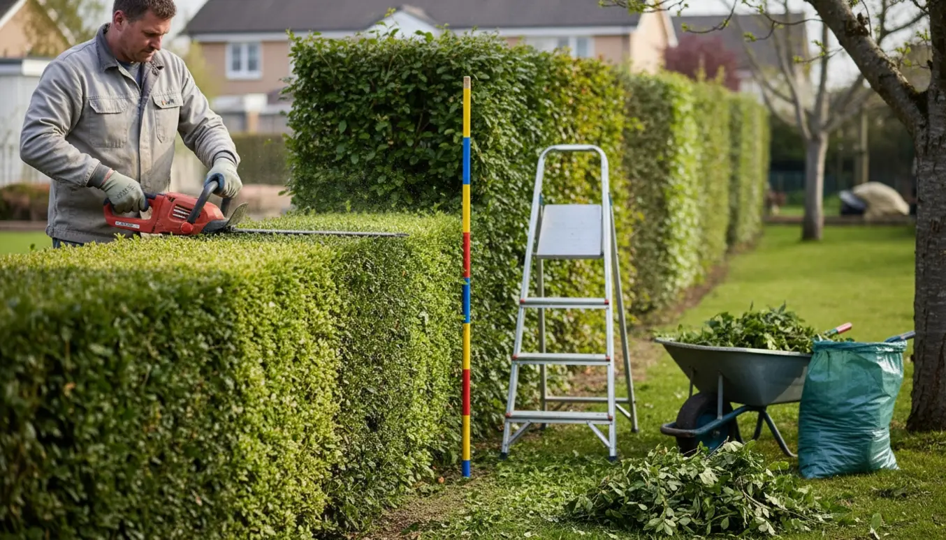 En havearbejder klipper en lang bøgehæk til en ensartet, ca. 2 meter høj kant med bunker af afklippede grene ved siden af.