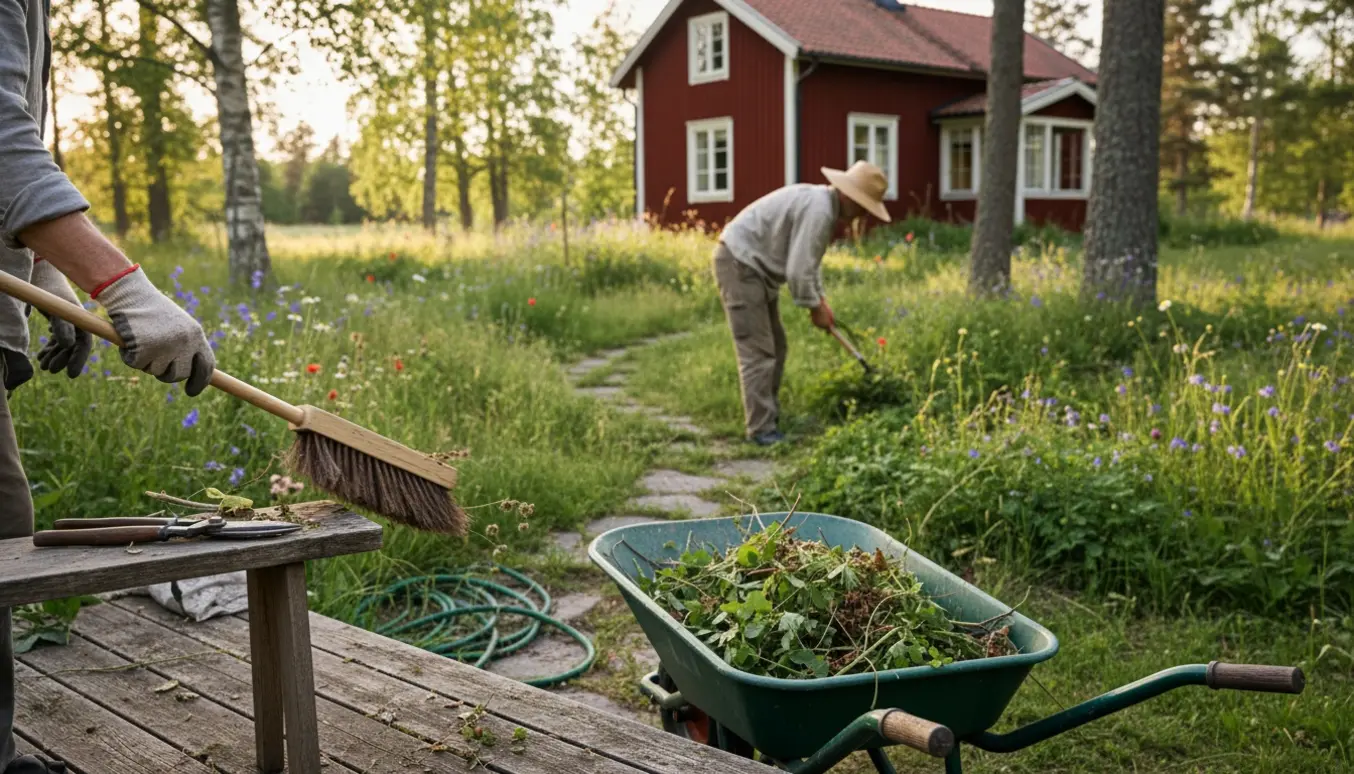 Halvvild have ved et sommerhus, hvor hænder og haveredskaber rydder stier og terrassekanter.