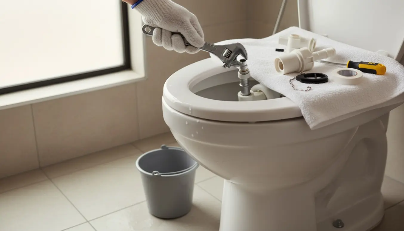 Åben toiletskål med lavt vandstand, en hånd med skruenøgle ved fyldventilen og reservedele og værktøj på et håndklæde.