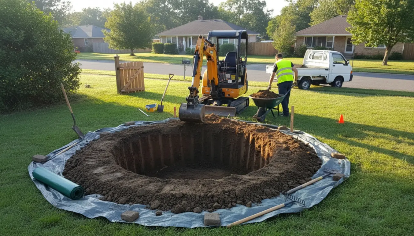 Mini-graver graver et rundt hul til trampolin i en plan græsplæne med jord lagt på presenning og en lastbil klar ved vejkanten.