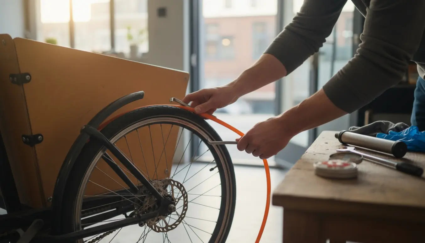 Hænder skifter inderslange på baghjulet af en ladcykel i et lyst værksted.