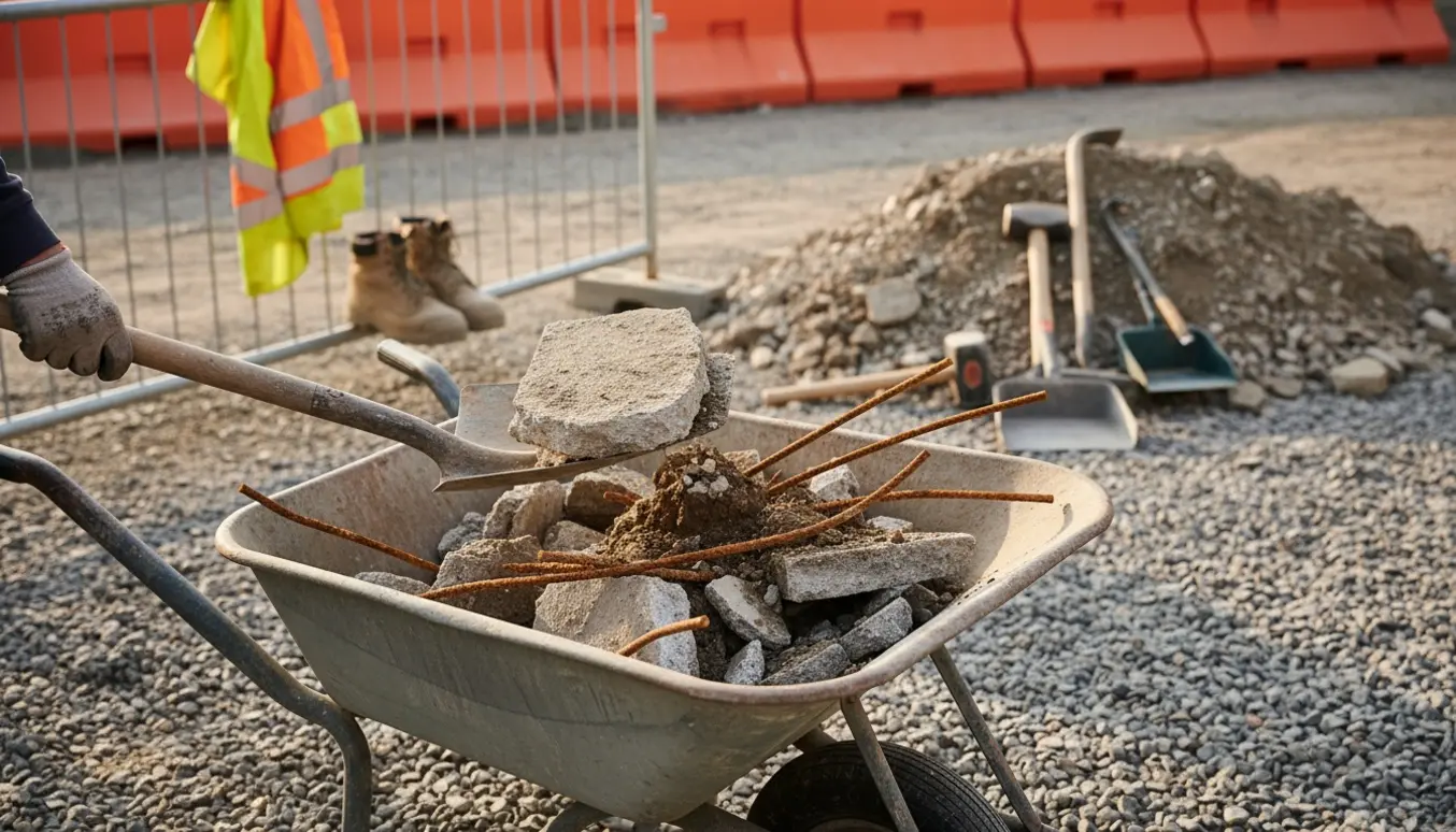 Trillebør fyldt med blandet byggeaffald — betonstykker, armeringsjern og jord — ved en ryddeplads.