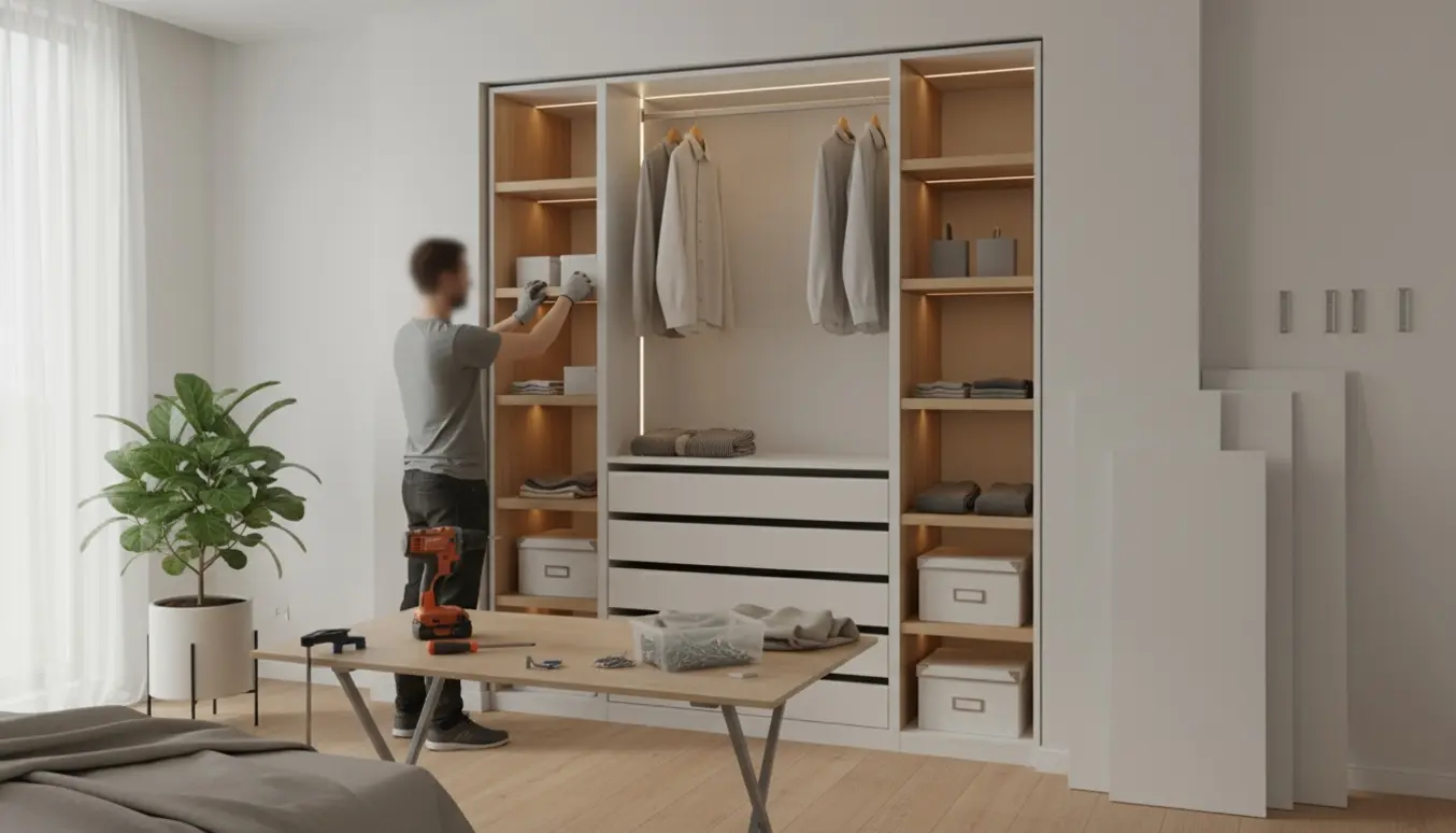 Indbygget garderobe under montering i et lyst soveværelse med åbne skabe, tøj og værktøj.