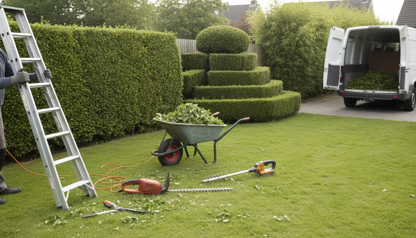 Professionel hækklipning med stige, elektriske hækkesakse og opsamling af haveaffald i en forhave.