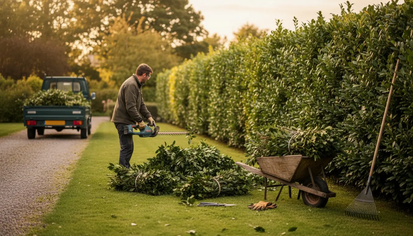 En person trimmer en høj laurbærhæk ved et sommerhus, med opsamlede kviste i trillebør og trailer.
