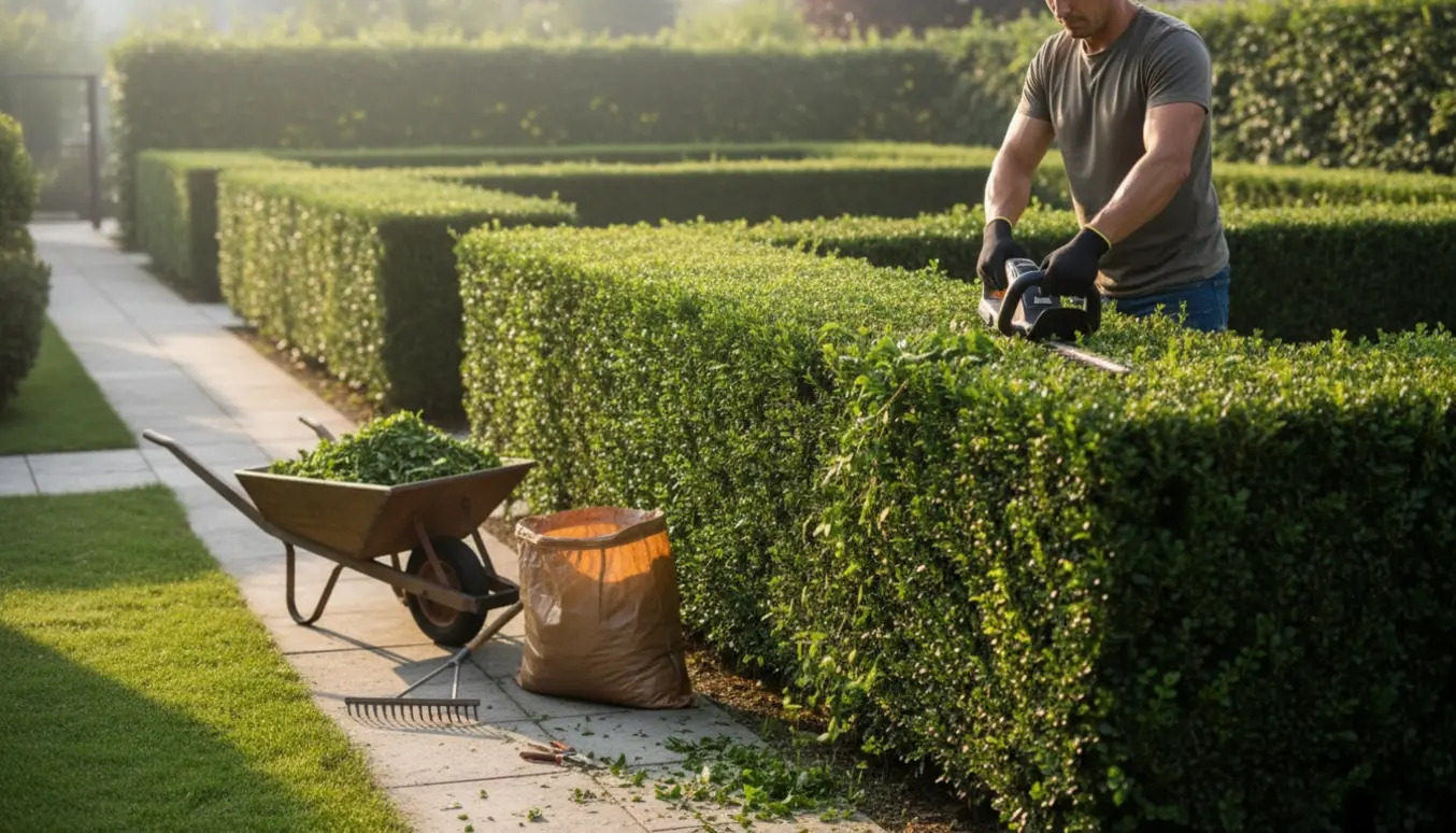 Skulderhøje hække klippes i en solbeskinnet have med hæksaks, rive og trillebør fyldt med grønne klip.