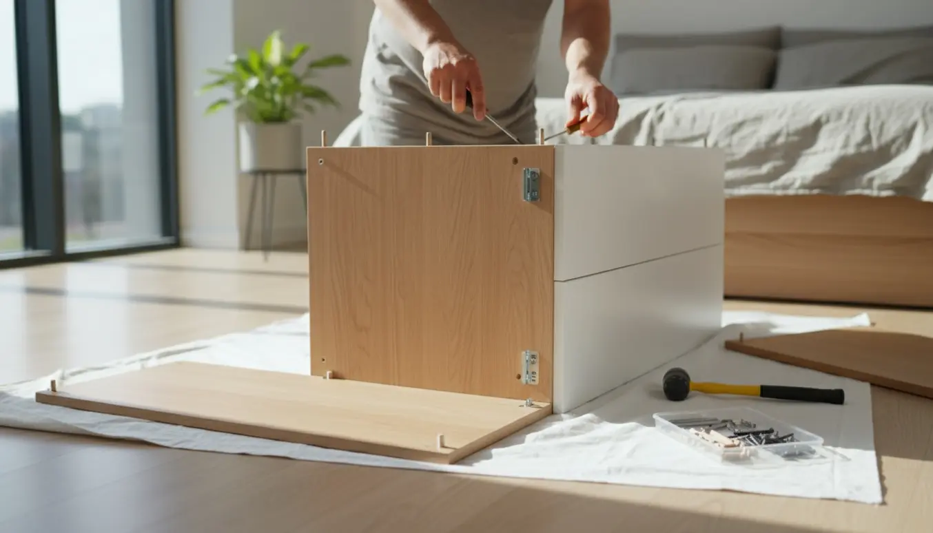 Tæt billede af hænder, der samler en moderne kommode med hvide skuffer og varme egetræsflader i et lyst soveværelse.