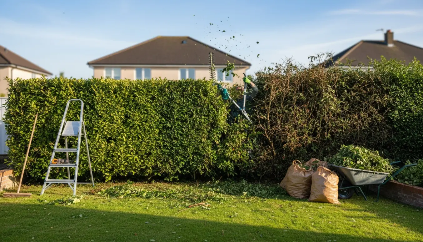 Hæk i en forstadshave bliver klippet, og afklip samles i trillebør og haverposer.