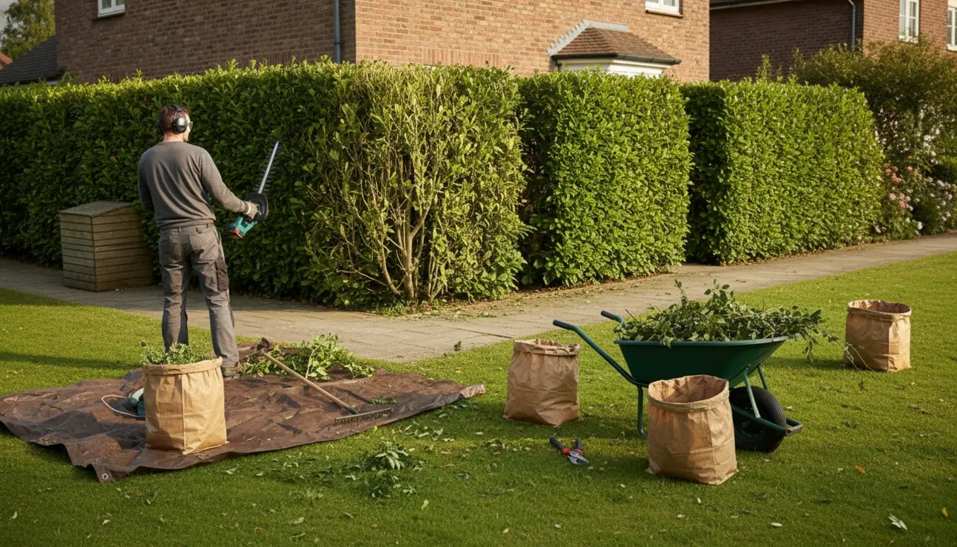 Person klipper en hæk på en hjørnegrund og samler afklip i en trillebør og sække.