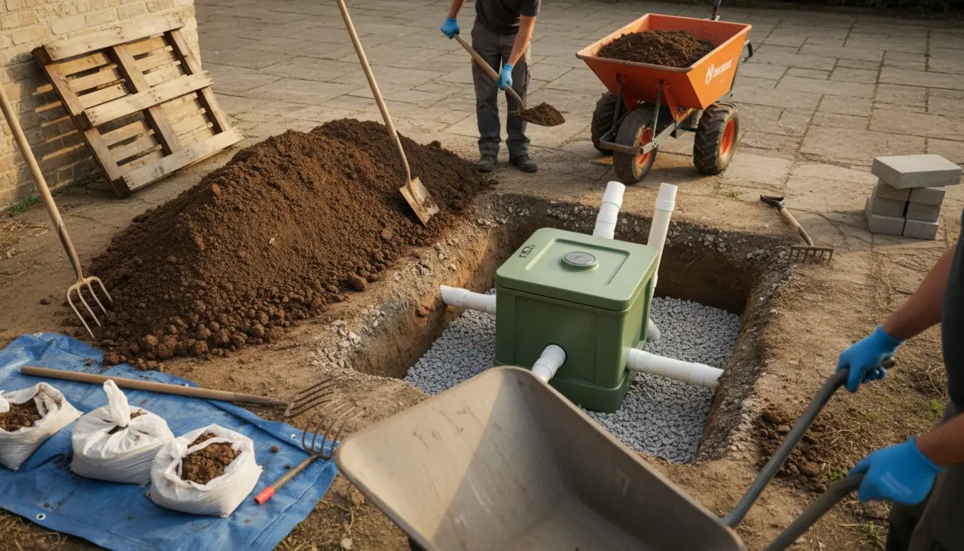 Gårdsplads med udgravet jord og minidumper ved et installeret minirenseanlæg, klar til bortkørsel.