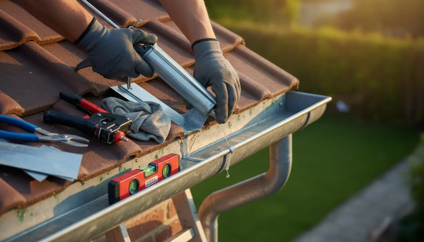 Håndværker retter og tætner zinktagrende fra en stige med værktøj og nye zinkdele på taget.