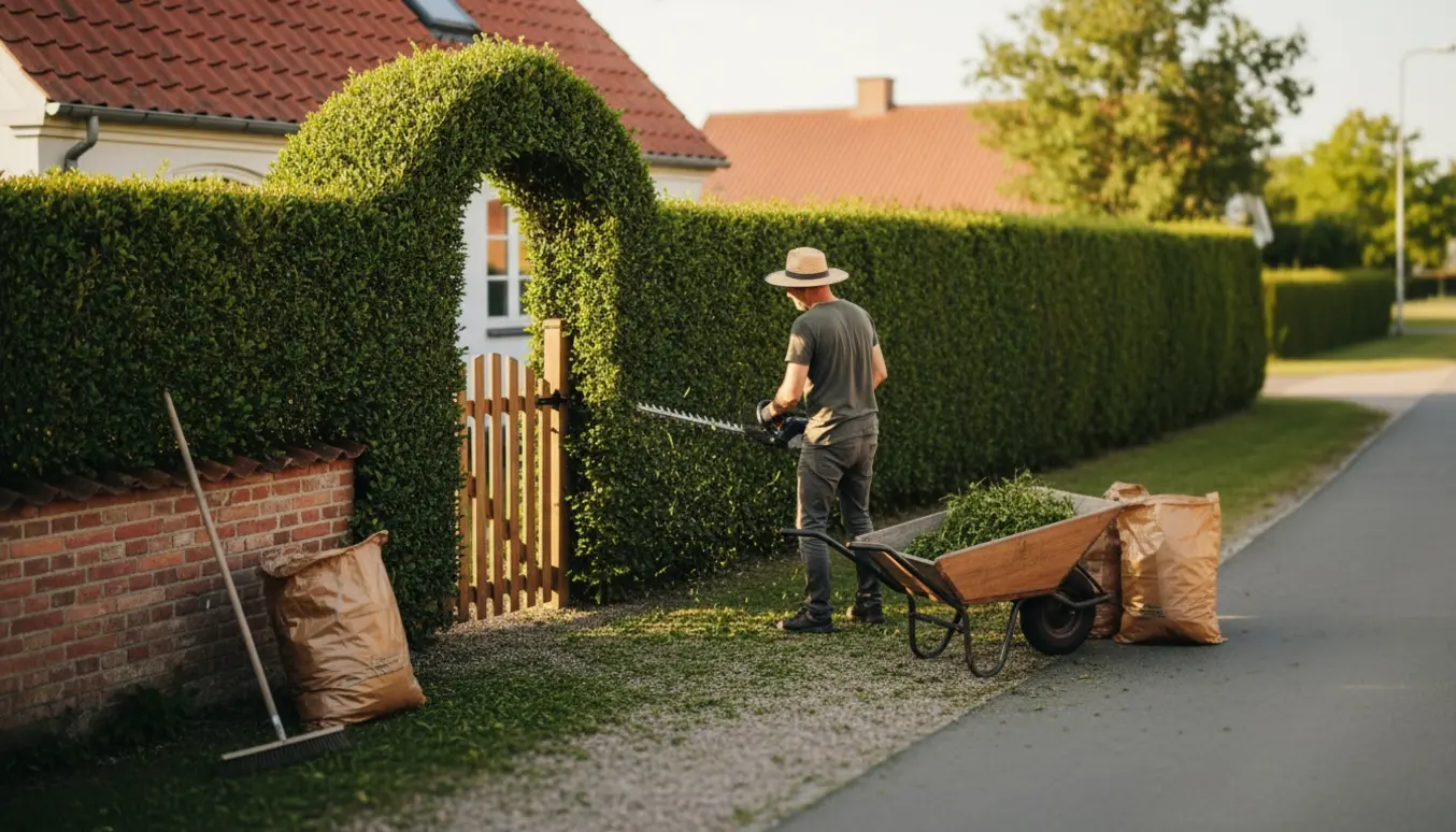 Nyklippet hæk ved en indgangsportal i Vejle med redskaber og opsamlede grønne afklip.