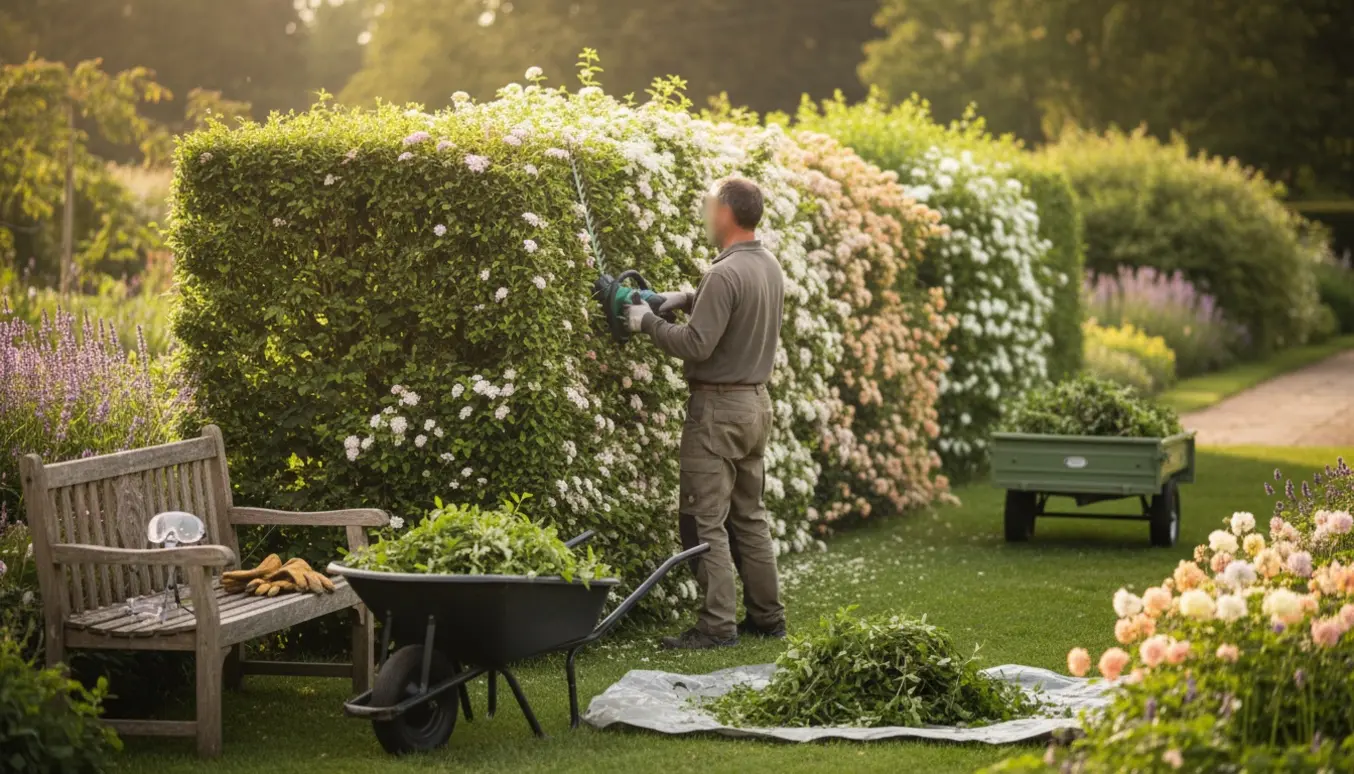 En havearbejder trimmer en lang spireahæk med elektrisk hækklipper og samler afklip i en trillebør.