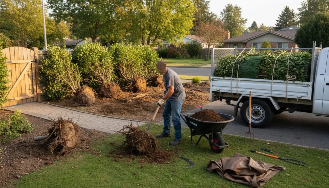 Nygravede buske med eksponerede rodklumper ved en trailer fyldt med grene, arbejderen vendt væk.