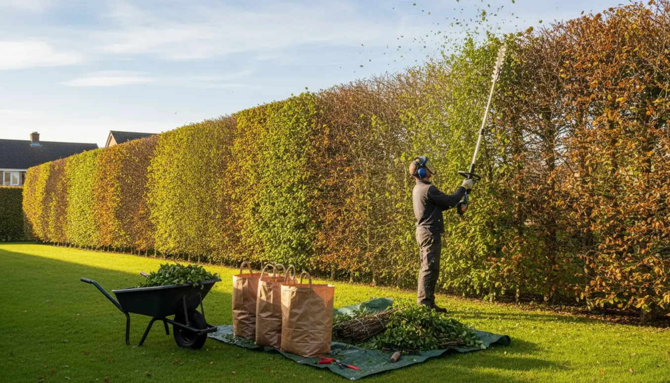 En professionel klipper en høj bøgehæk med lang stangtrimmer, mens afklip samles i trillebør og sække.