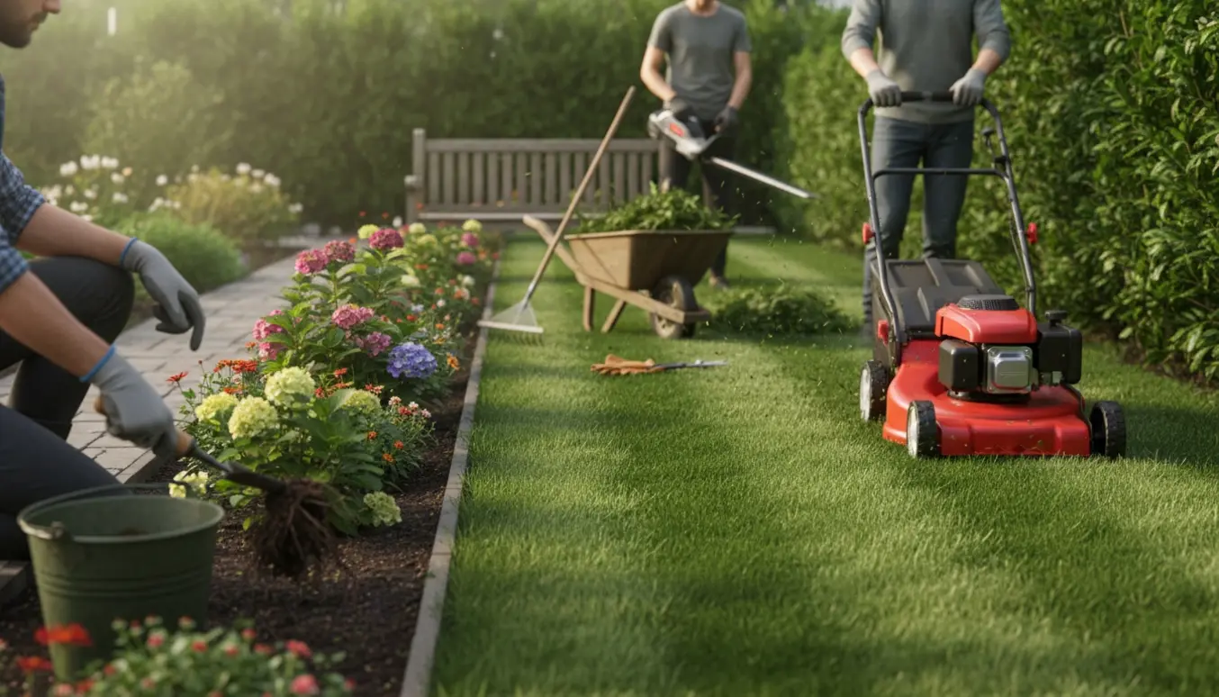 Hæk- og plænepleje i en lille villahave med græsslåmaskine, hækkeklipper og person, der ukrudtsluger.