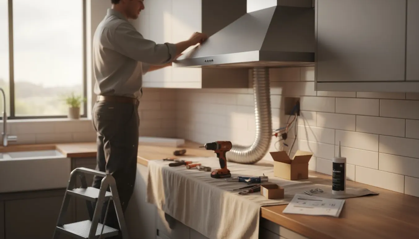 Ny rustfri emhætte løftes på plads i et moderne køkken, med værktøj og delvist fjernet gammel emhætte.