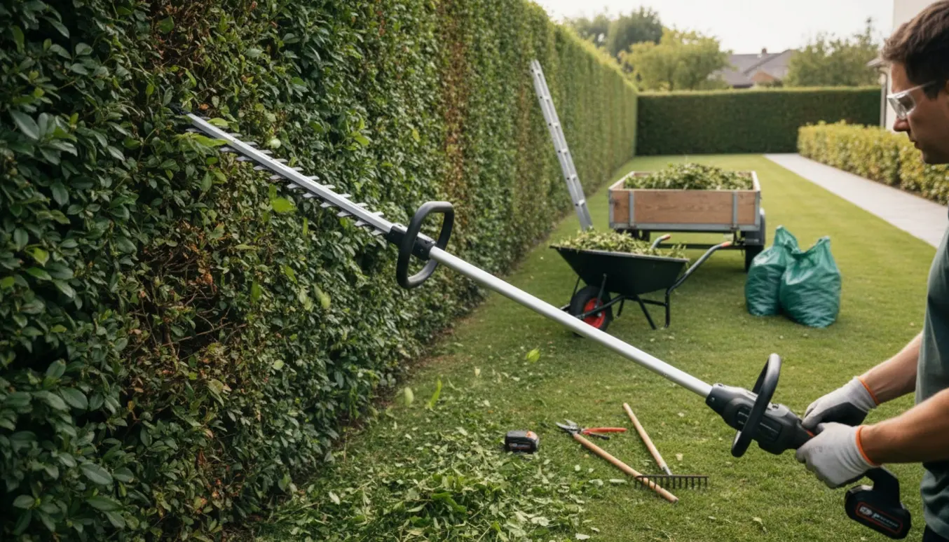 Batteridrevet hækkeklipper på forlængerstang trimmer en lang, cirka 2 m høj hæk med afklip i trailer og trillebør til bortskaffelse.