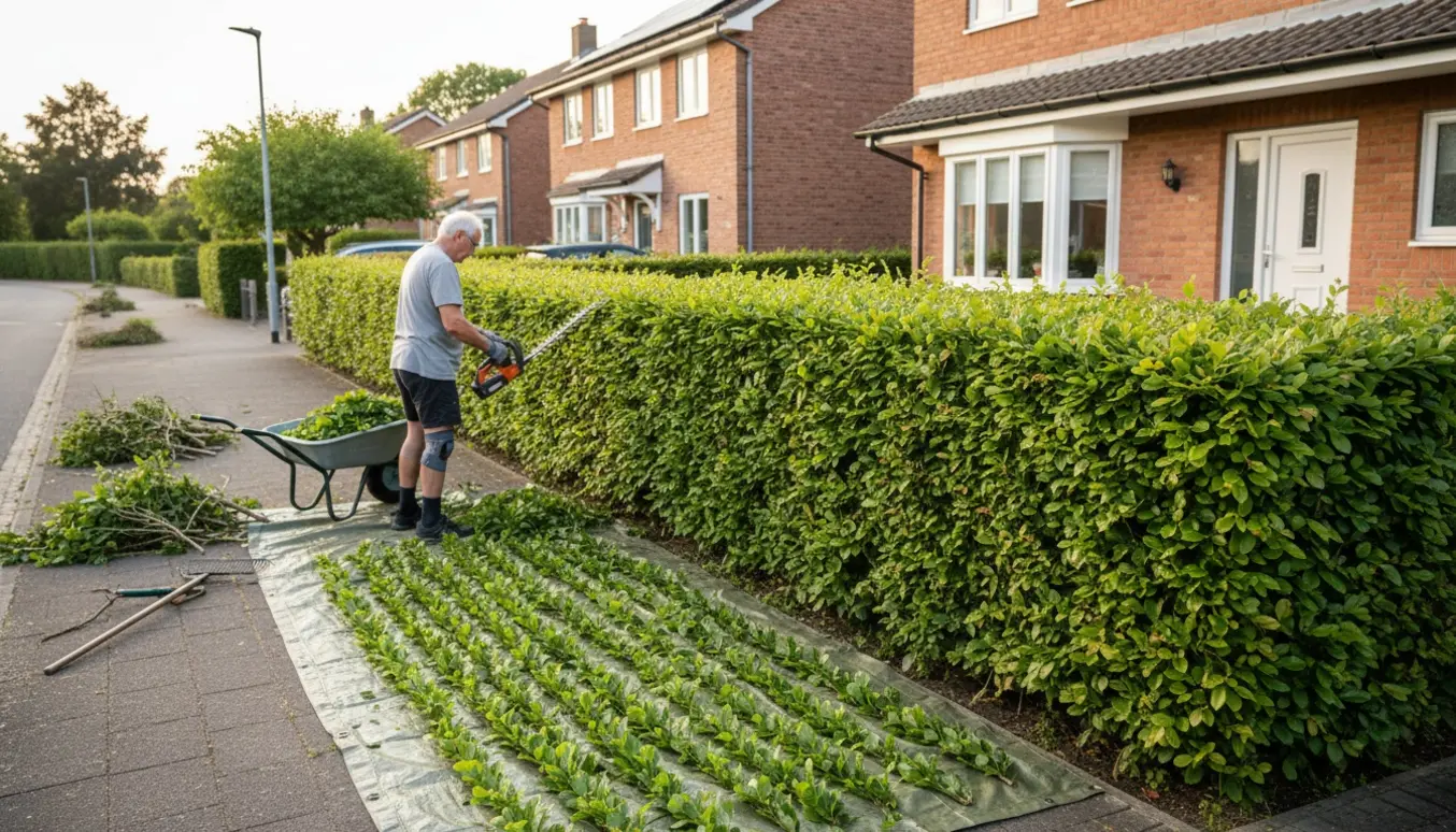 En ældre person set bagfra trimmer en lang bøgehæk på en hjørnegrund med en elektrisk hækkesaks og bunker af afklip.