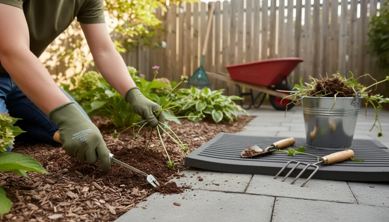 Nærbillede af hænder, der luger mellem fliser med haveredskaber og en bunke ukrudt i baggrunden.