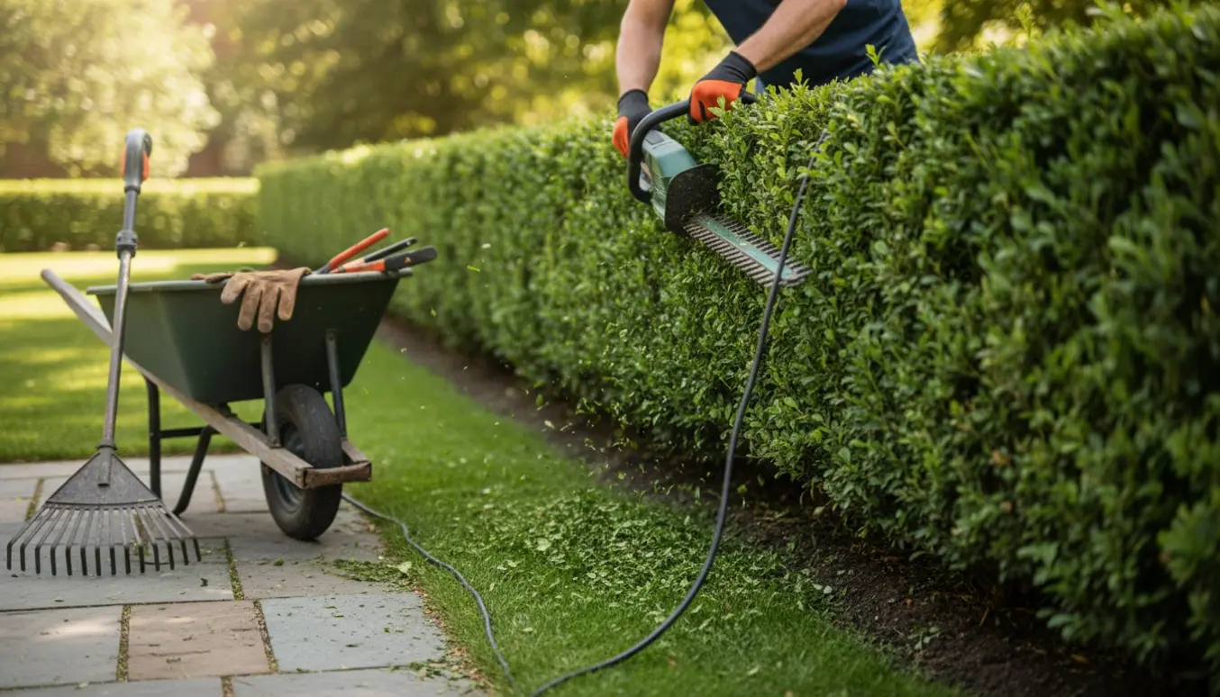 Person trimmer hæk med en ledningsdrevet hækkeklipper og fjerner ukrudt langs kanten.