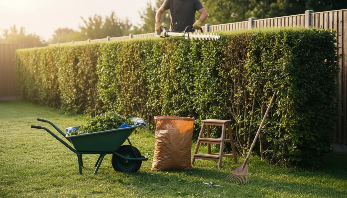 Havearbejder set bagfra klipper toppen af en 2 m høj hæk med afklip samlet i en trillebør.