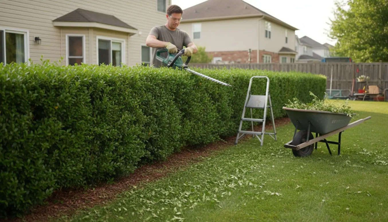 Hækkeklipning i en baghave med hækkeklipper, handsker og en trillebør fuld af afklip.