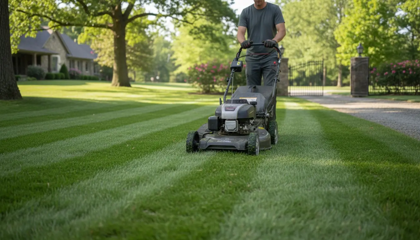En person klipper en stor plæne med en plæneklipper, med skarpe græsstriber og træer i baggrunden.
